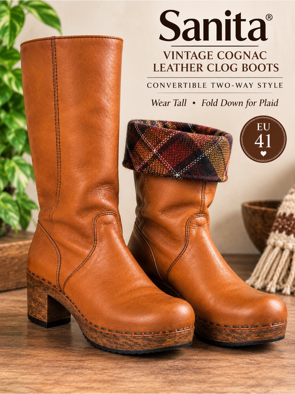 Sanita Cognac Leather Convertible Clog Boots